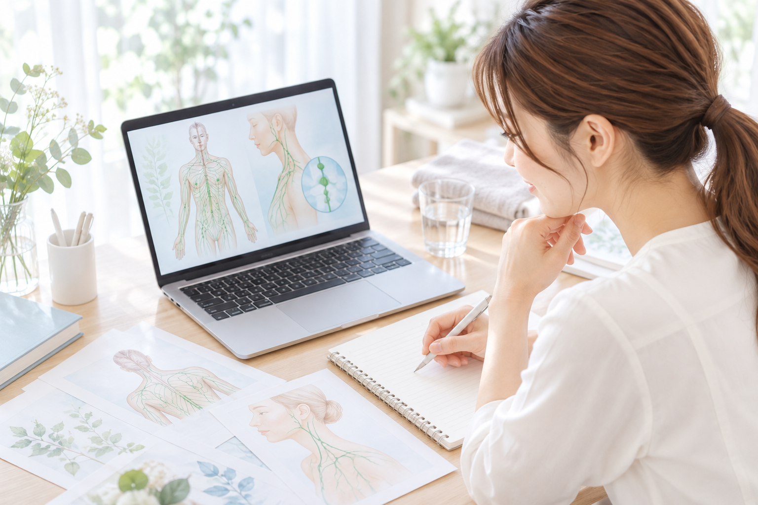 資料を使ってリンパと身体の基礎知識を学ぶイメージ